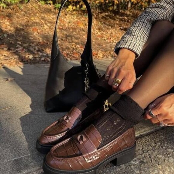 New Coach Leah Loafer in Croc Maple brown purples crocodile skin logo platform - Picture 2 of 14